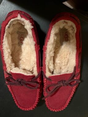 UGG Red Suede Shearling-Trim Moccasin Slippers